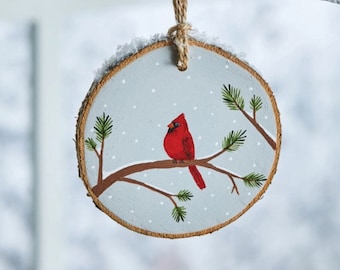 Snowy Cardinal Ornament, Rustic Wood Decor, Wooden Ornament, Christmas Ornament, Painted Cardinal Ornament, Hand Painted Ornament