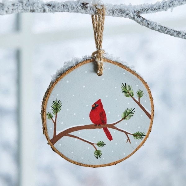 Snowy Cardinal Ornament, Rustic Wood Decor, Wooden Ornament, Christmas Ornament, Painted Cardinal Ornament, Hand Painted Ornament