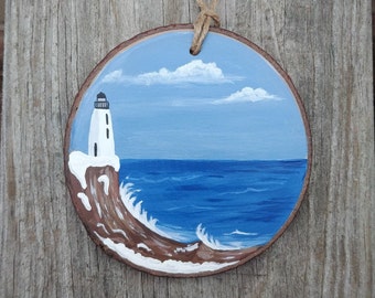 Lighthouse Wood Slice Ornament, Rustic Wood Decor, Wooden Ornament, Hand Painted Ornament