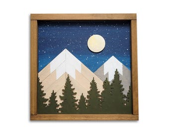Night Scene Mountain Wall Art, Wood Slat Mountain Wall Art, Rustic Mountain Art, Geometric Wood Decor