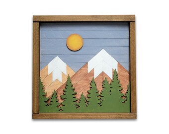 Sunny Sky Mountain Wall Art, Wood Slat Mountain Wall Art, Rustic Mountain Art, Geometric Wood Decor