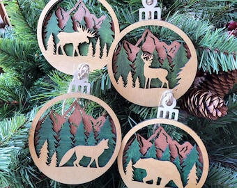 Woodland Animal Ornaments, Fox, Bear, Moose, Deer, Layered Ornament, Nature Ornaments, Personalized