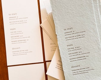 BLISS Letterpress Wedding Menus, a modern, romantic, and unique keepsake