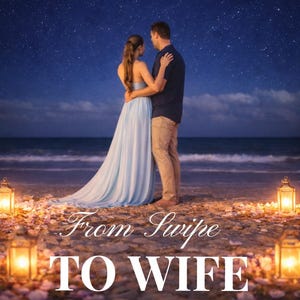 Op de afbeelding: Een stel omhelst elkaar op een strand onder een sterrenhemel. De vrouw draagt een lichtblauwe jurk, de man een marineblauw overhemd en een kaki broek. De tekst "From Swipe TO WIFE" staat op het zand, met de handle van de auteur.