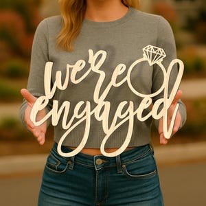 We're Engaged Unique Engagement Sign, Wood Party Photo Prop Backdrop, Wedding Ring Cake Topper