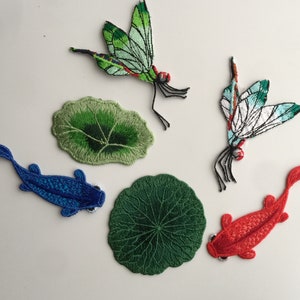Fish patch, dragonfly patch, lotus leaf Iron On Sew On Full Embroidered Patch Appliqués Badge