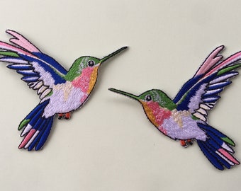 Set Of 2 Hummingbird Iron / Sew On Embroidered Patch Appliqués Badge