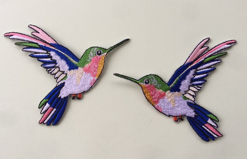 Set Of 2 Hummingbird Iron / Sew On Embroidered Patch Appliqués Badge zdjęcie 1