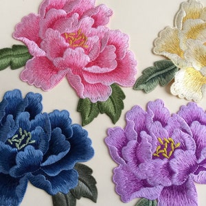 Large Peony Flower Sew On Embroidered Patch Appliqués Badge, seven colours available,