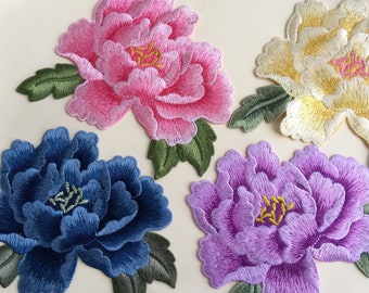 Large Peony Flower Sew On Embroidered Patch Appliqués Badge, seven colours available,