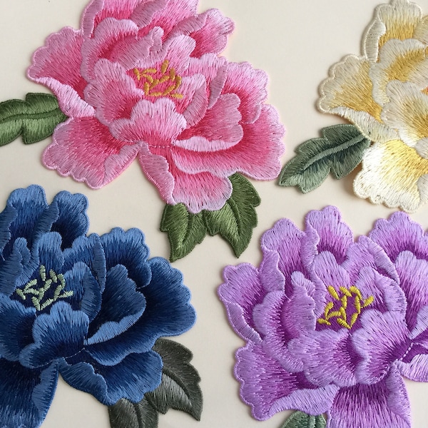 Large Peony Flower Sew On Embroidered Patch Appliqués Badge, seven colours available,