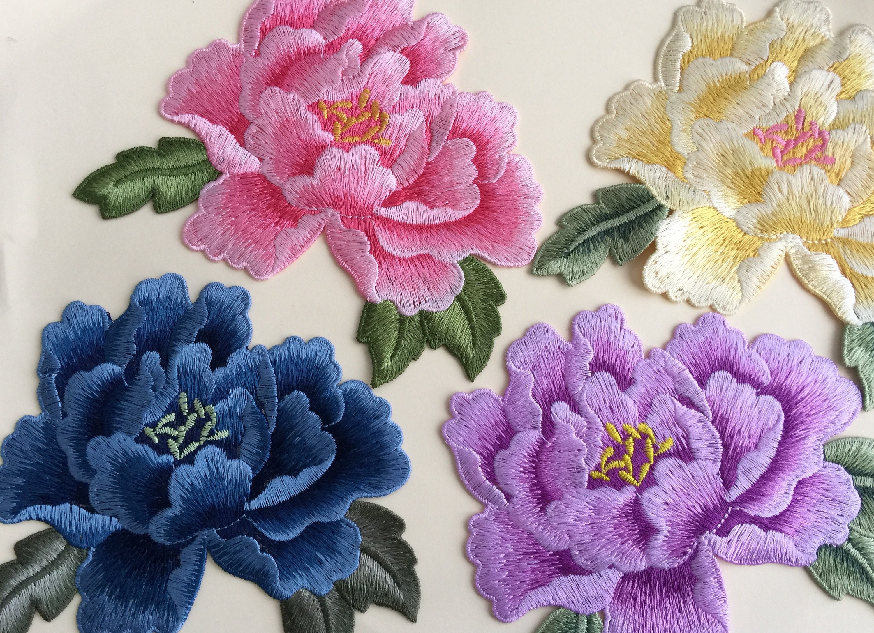 Large Peony Flower Sew On Embroidered Patch Appliqués Badge, seven colours available,
