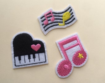 Set of 3 Piano Music Notes Iron On Sew On Embroidered Patch Appliqués Badge