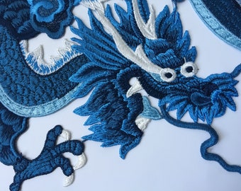 Toppa del drago drago di colore blu Sew On Patch ricamata Distintivo per applicazioni, grande toppa del drago cinese