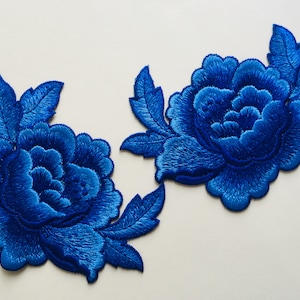 Set Of 2 Royal blue Rose Flowers Sew On Full Embroidered Patch Appliqués Badge