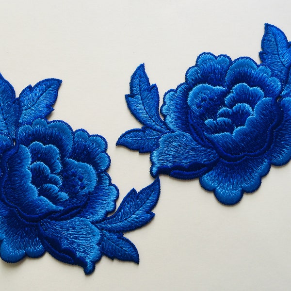 Set Of 2 Royal blue Rose Flowers Sew On Full Embroidered Patch Appliqués Badge