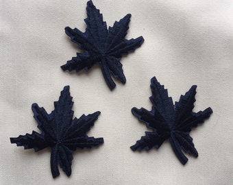 Set Of 3 Leaves Leaf Navy Blue Iron On Sew On Full Embroidered Patch Appliqués Badge