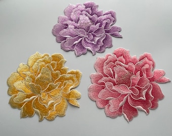 牡丹の花の刺繍アップリケパッチ - 縫い付けタイプ (12.5cm x 14cm