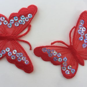 Set of 2 Red Butterfly Iron/ Sew On Full Embroidered Patch Appliqués Badge