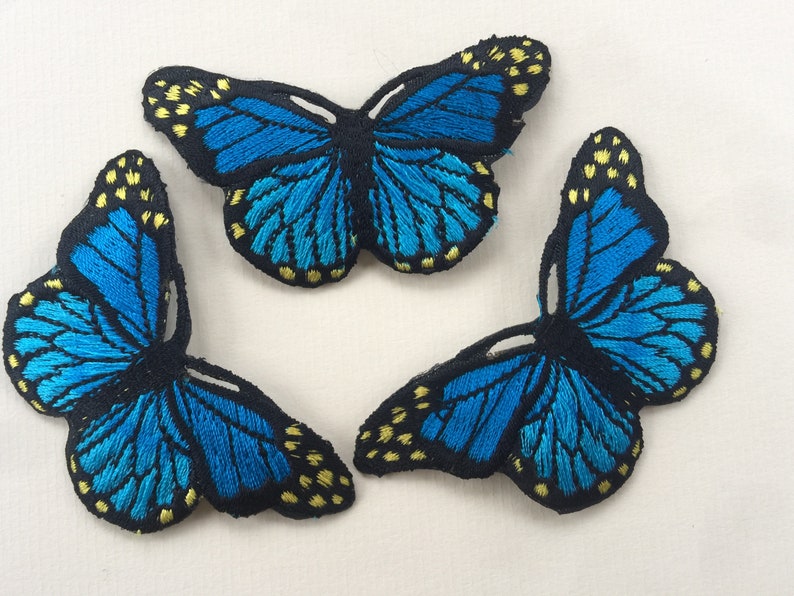 Set of 3 Blue Butterfly Iron on Sew On Full Embroidered Patch Appliqués Badge image 2