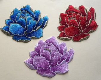 Peony Flower Sew On Embroidered Patch Appliqués Badge, three colours available,