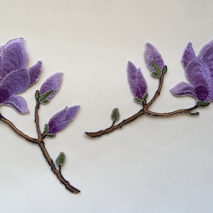 Set of 2 High Quality Purple Magnolia Flower Iron/ Sew On Full Embroidered Patch Appliqués Badge