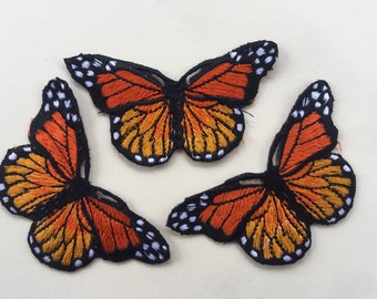Set of 3 Orange Butterfly Iron/ Sew On Full Embroidered Patch Appliqués Badge