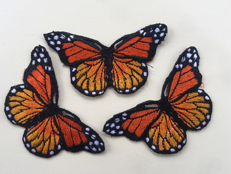 Set of 3 Orange Butterfly Iron/ Sew On Full Embroidered Patch Appliqués Badge image 1