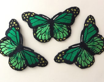 Set of 3 Green colour Butterfly Iron/ Sew On Full Embroidered Patch Appliqués Badge