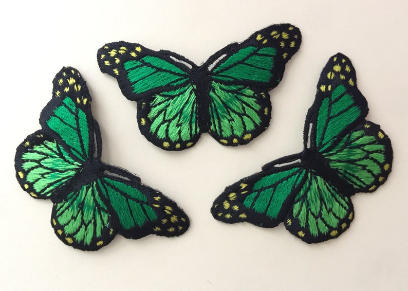 Set of 3 Green colour Butterfly Iron/ Sew On Full Embroidered Patch Appliqués Badge zdjęcie 1