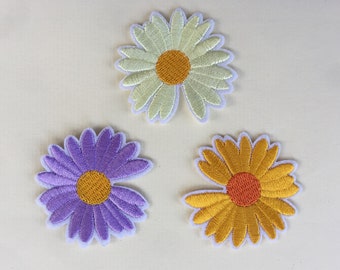 Set Of 3 Daisy Flower Iron/ Sew On Full Embroidered Patch Appliqués Badge