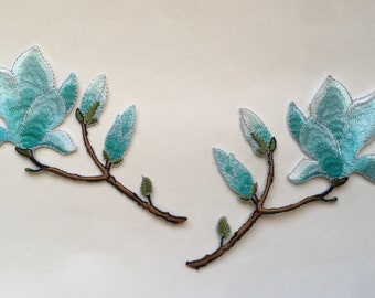 Set of 2 High Quality Light Blue Magnolia Flower Iron On patch Sew On Full Embroidered Patch Appliqués Badge