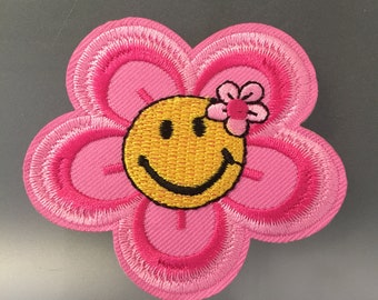 Pink Flower Sunflower Happy Face Iron / Sew On Full Embroidered Patch Appliqués Badge