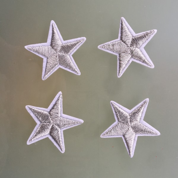 Set Of 4 Silver Star Iron On Sew On Full Embroidered Patch Appliqués Badge
