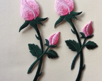 Set of 2 Pink Rose flower Iron / Sew On Embroidered Patch Appliqués Badge