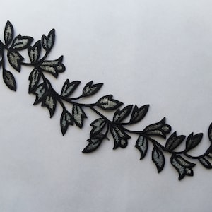 Grandes feuilles longues feuilles fer à coudre écusson brodé appliqué insigne Silver black edging