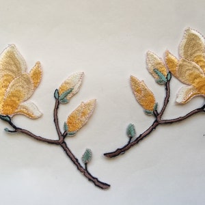 Set of 2 High Quality Light Yellow Magnolia Flower Iron/ Sew On Full Embroidered Patch Appliqués Badge