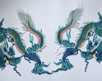 Écusson dragon bleu vert dragon brodé à coudre, grand patch dragon chinois