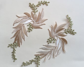 Champagne Gold Flower Embroidered Appliqué Patches - Iron/Sew On, Set of 2