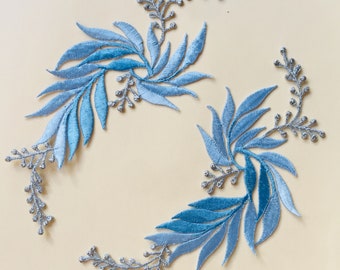 Set of 2 Blue Flower Iron On Sew On Full Embroidered Patch Appliqués Badge
