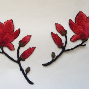 Set of 2 High Quality Red Magnolia Flower Iron/ Sew On Full Embroidered Patch Appliqués Badge