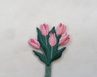 Bunch Tulip Flowers Iron On Sew On Full Embroidered Patch Appliqués Badge