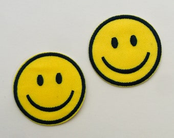 Set of 2 Yellow Happy Face Iron On Sew On Embroidered Patch Appliqués Badge