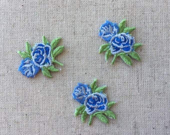 Set Of 3 Mini Blue Rose Flower Iron/ Sew On Full Embroidered Patch Appliqués Badge