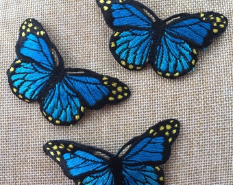 Set of 3 Blue Butterfly Iron on Sew On Full Embroidered Patch Appliqués Badge