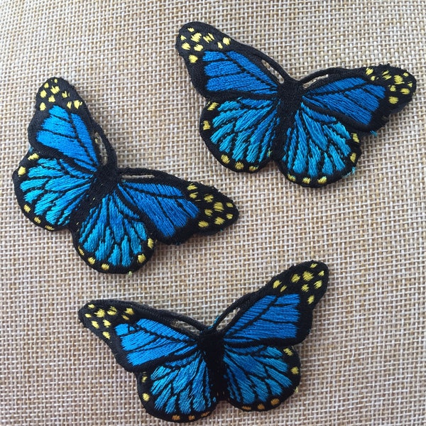 Set of 3 Blue Butterfly Iron on Sew On Full Embroidered Patch Appliqués Badge