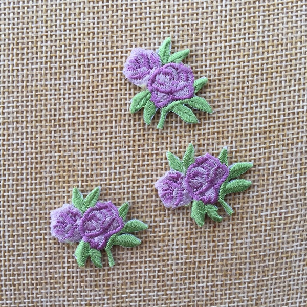 Set Of 3 Mini Purple Rose Flower Iron/ Sew On Full Embroidered Patch Appliqués Badge