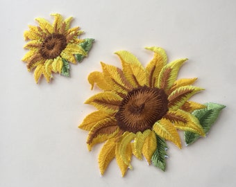 Set of 2 Sunflower with leaves Iron / Sew On Full Embroidered Patch Appliqués Badge