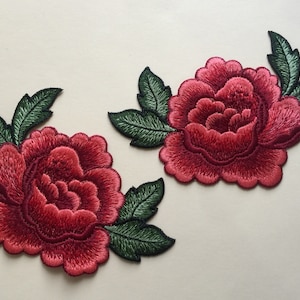 Set Of 2 Red Rose Flowers Sew On Full Embroidered Patch Appliqués Badge