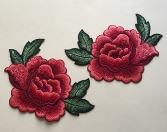 Set Of 2 Red Rose Flowers Sew On Full Embroidered Patch Appliqués Badge